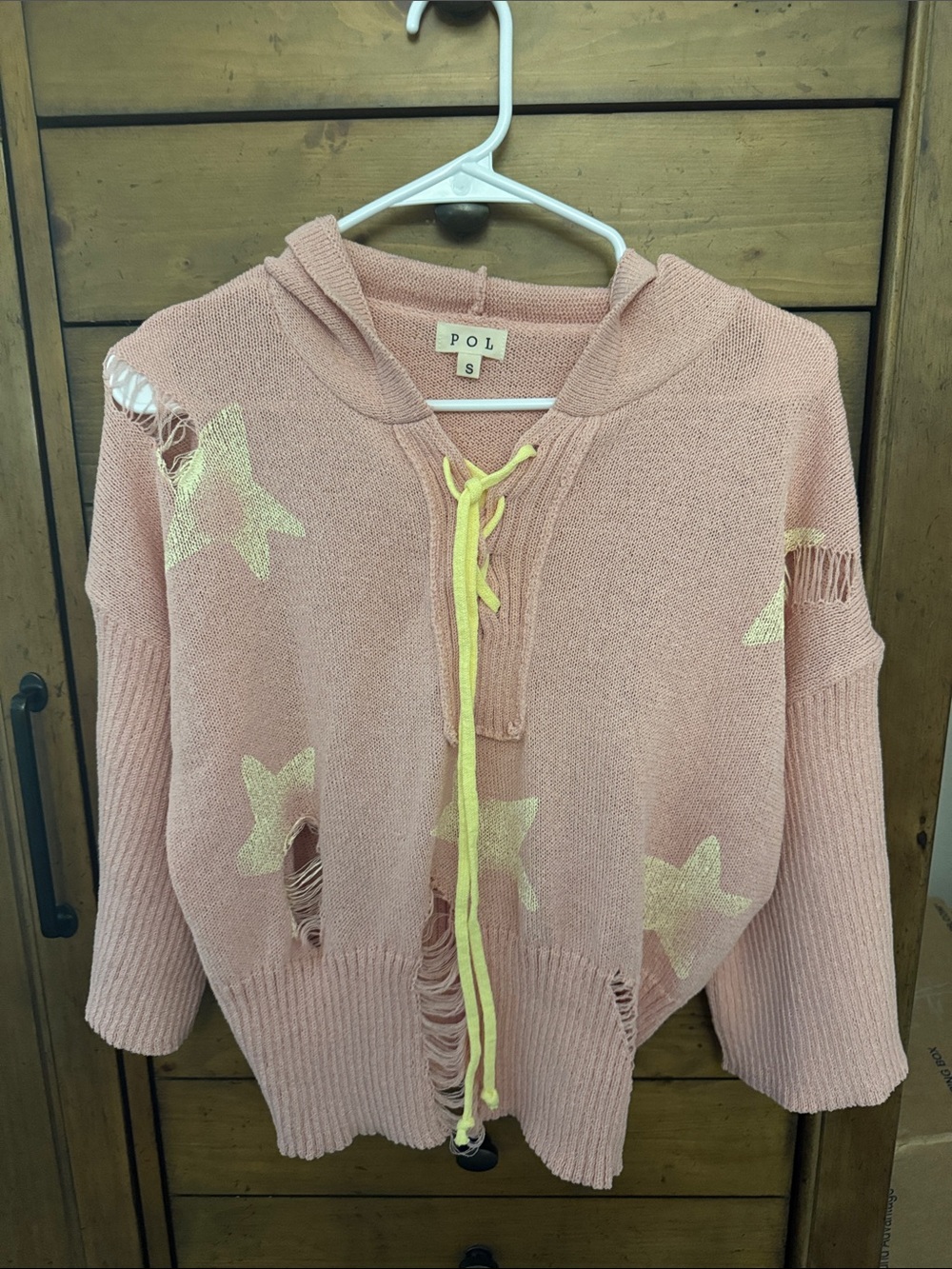 POL Pink Distressed Star Hoodie with Yellow Drawcord